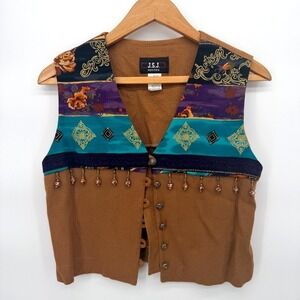 JSJ Colorful Fabric Beaded Yoke Sleeveless Vest Woven Knit Country Core Size 10P